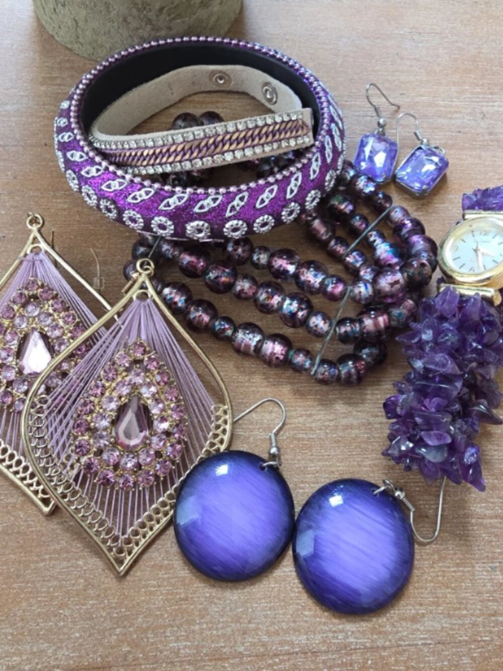 Purple Jewelry Lot Amethyst Bracelet Beaded Necklace Rhinestone Earrings